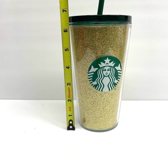 Starbucks 2021 16 oz. Tumbler Sparkling Gold With Green Lid & Straw Mermaid Logo - Picture 8 of 10